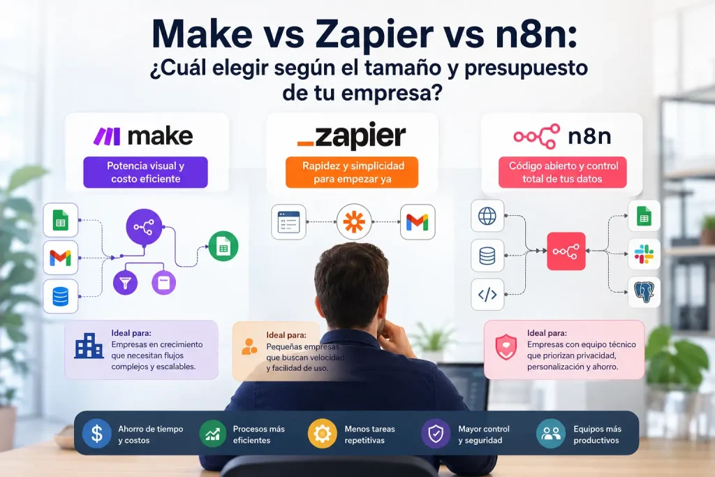Automatización inteligente Make vs Zapier vs n8n para potenciar tu negocio