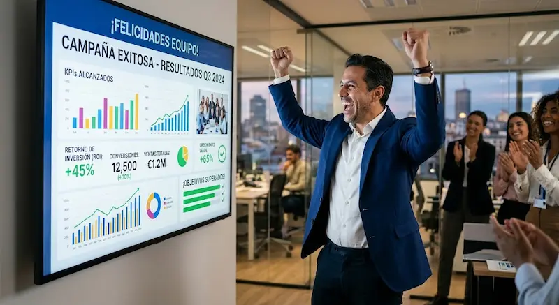 empresario celebrando los resultados de su campaña de Google Ads frente al computador