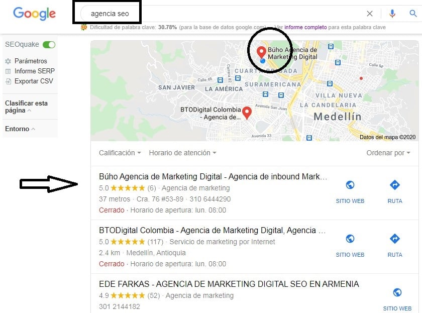 Beneficios de Google My Business ejemplo de buho agencia digital en google my business en medellin