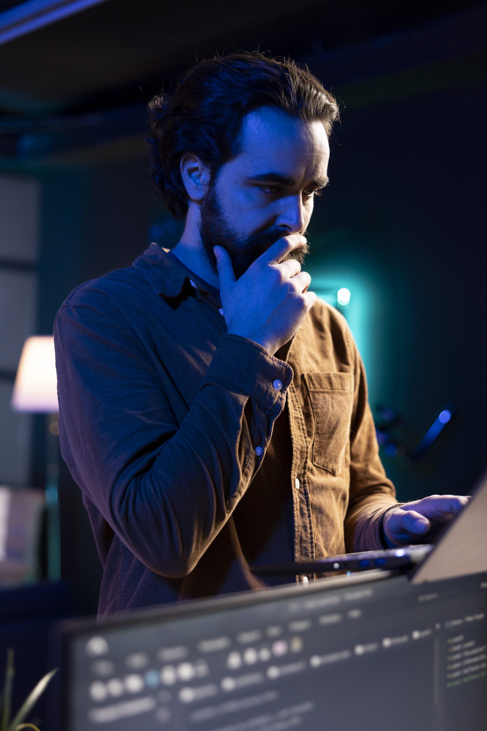 Mantenimiento y Soporte Técnico Pensive man developing software in Java programming language using laptop, examining. Contemplative programmer walking through apartment thinking how to solve coding issues