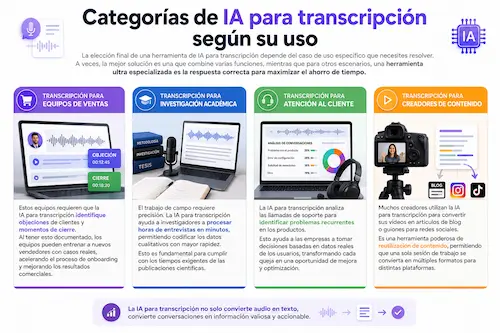 IA para transcripción y resumen de reuniones: ahorra 5 horas semanales Categorías de IA para transcripción según su uso