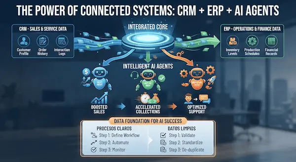 Agentes IA para CRM y ERP: cómo integrarlos sin errores agente ia integrando crm y erp