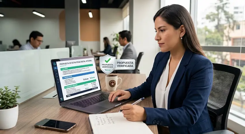 Agencia Google Partner: gerente revisando la propuesta y la credencial Premier de ToGrow antes de contratar