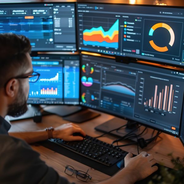 Remote social media manager analyzing engagement metrics, multiple screens displaying various platform dashboards.