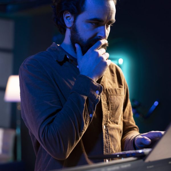 Pensive man developing software in Java programming language using laptop, examining. Contemplative programmer walking through apartment thinking how to solve coding issues