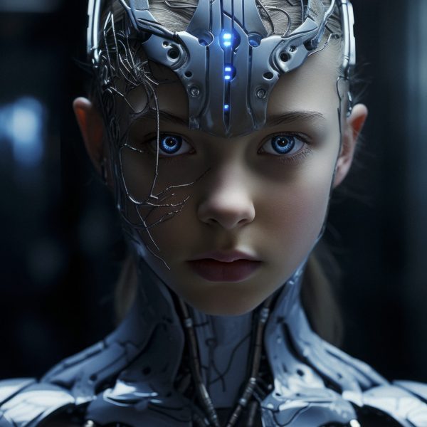 a cyborg 12 year old girl from the year 2234 AD, white skin, bright blue eyes, the perfect ai evolution if humankind, sleek, contemporary, futuristic, expressive, close up portrait, cinematic photography, cinematic lighting, dramatic shadows, directional lighting, creative light reflections, moody aesthetic, --ar 3:4 --v 5.2 Job ID: 97b676eb-b8f7-497f-b172-0a2115cd1e4c